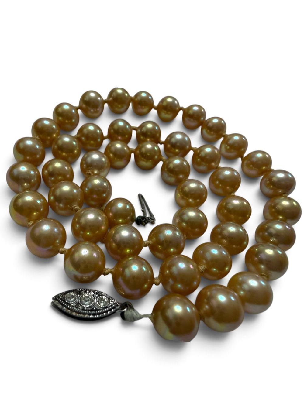 Golden Pearl Graduated Necklace Rhinestone Clasp Statement Jewelry Vintage 16.5”